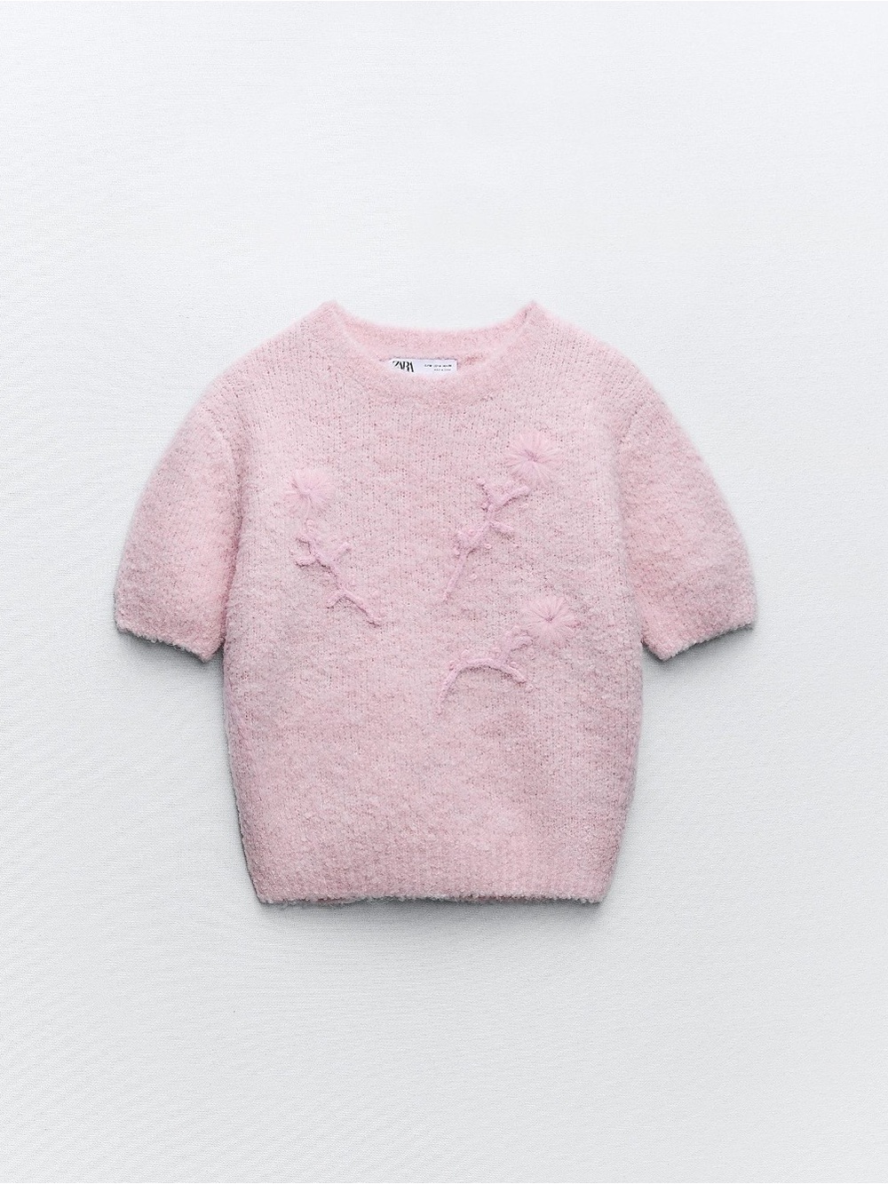 ZARA Light Pink Short-Sleeve Textured Floral Crew Sweater